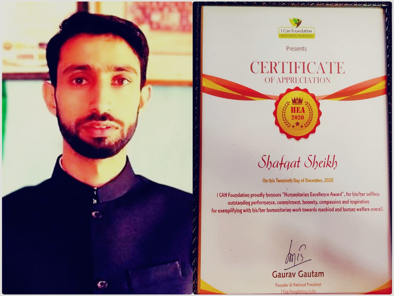 I Can Foundation India honoured Shafqat Sheikh with Certificate and HEA medal