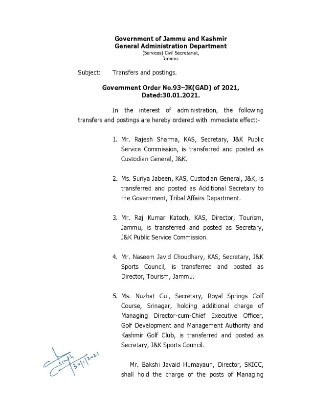 Transfer and Posting of Five KAS Officers