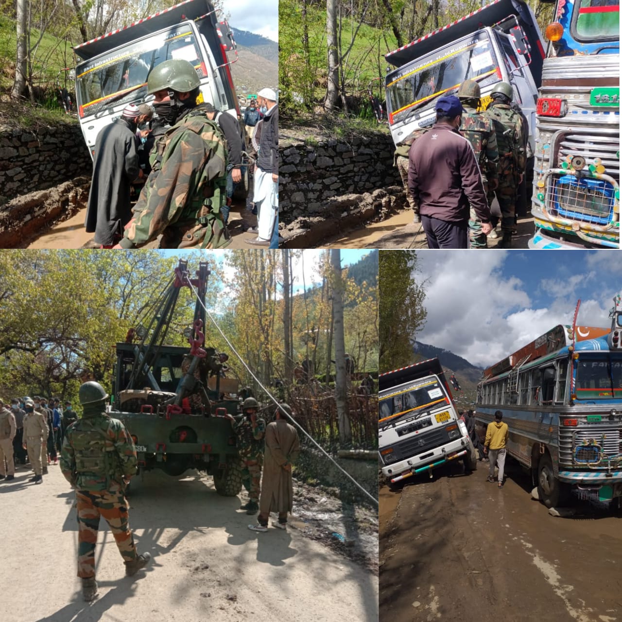 Army recovers a civil tripper stuck in drainage astride the Road in Kalaroos, Kupwara