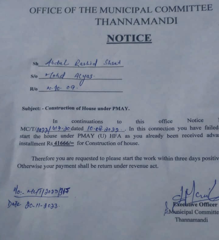 PMAY-U: No construction despite 1st instalment released. EO MC Thanamandi issued notice(s)