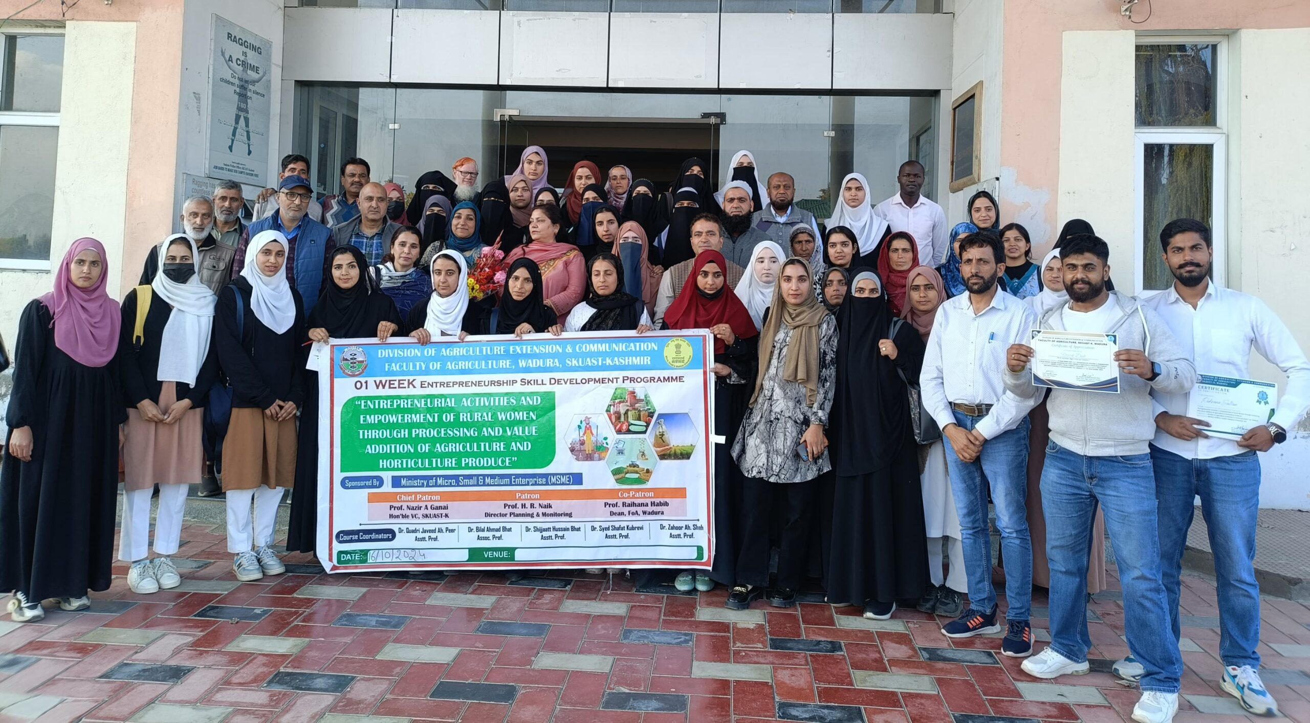 One Week Training Programme on Entrepreneurial Empowerment of Rural Women through Agricultural and Horticultural Processing at SKUAST-Kashmir sponsored by MSME.