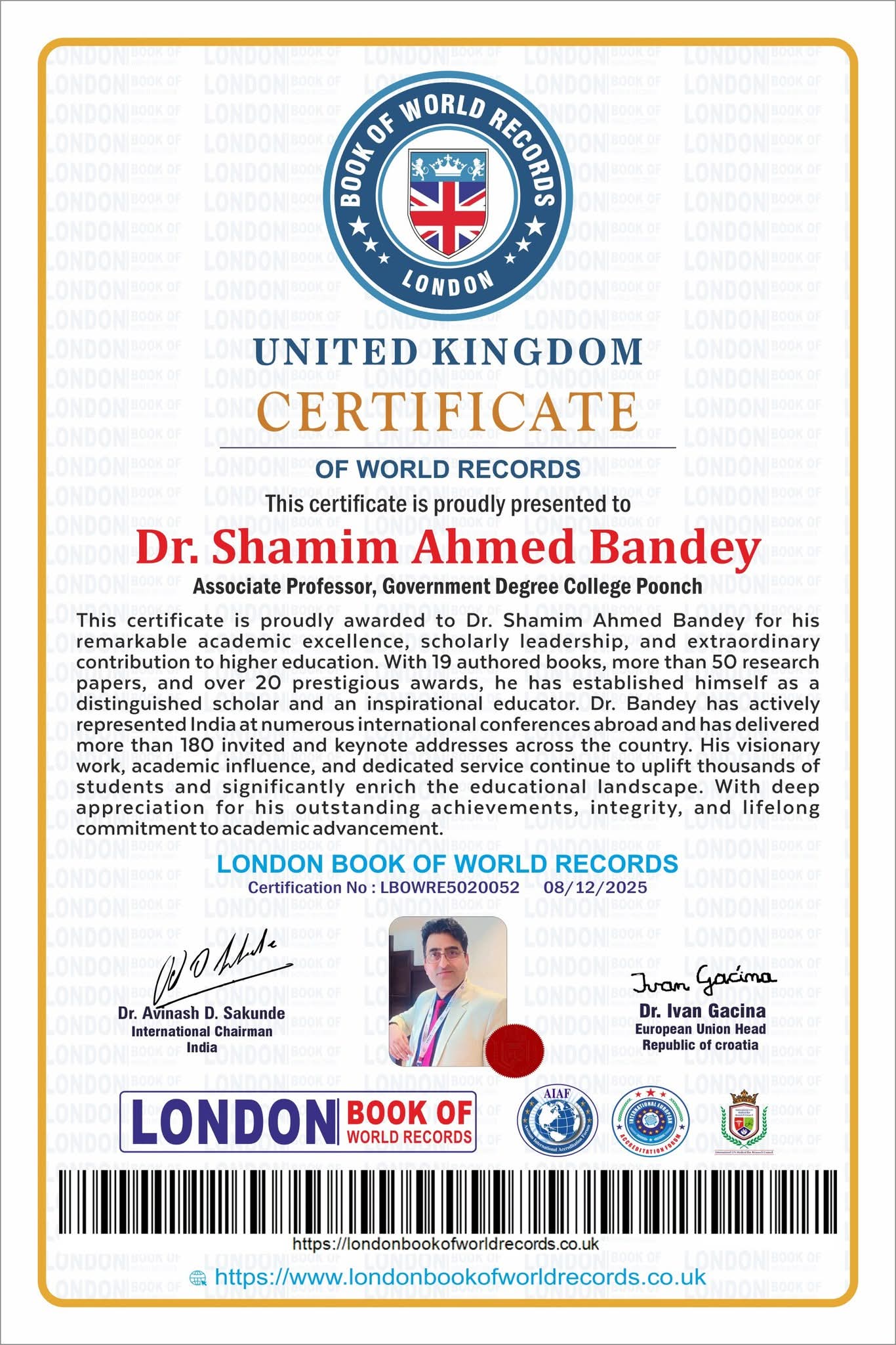 Dr. Shamim Ahmed Bandey Honoured with United Kingdom Book of World Records Certification
